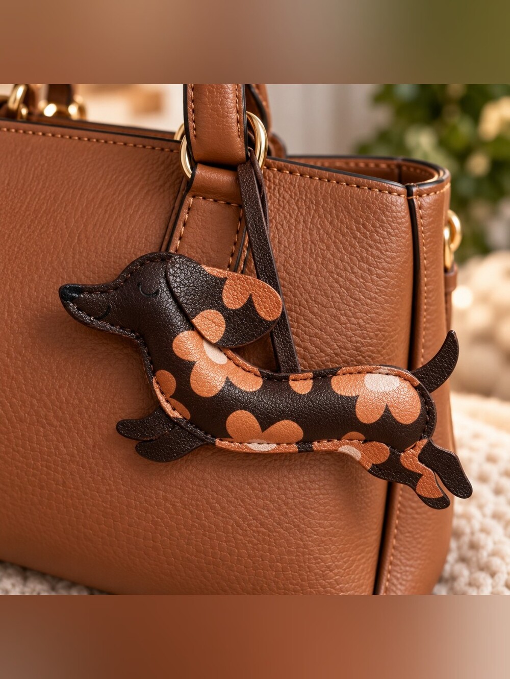 Brown Faux Leather Floral Dachshund Dog Bag Purse Charm - Women Bags New